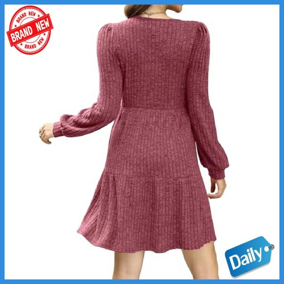 Long Sleeve Babydoll Sweater Dress Square Neck Flowy Tunic - Picture 6 of 8